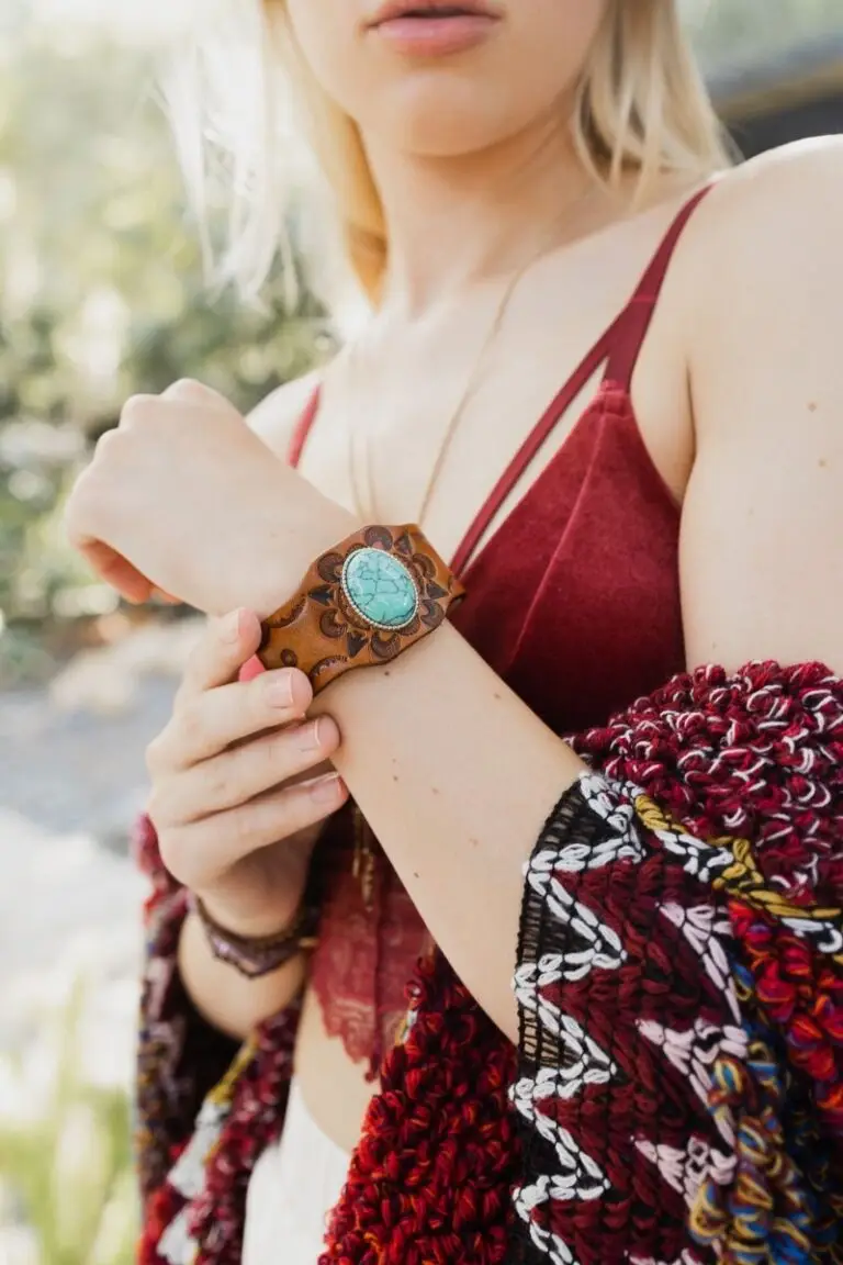 boho-turquoise-stone-camel-leather-cuff-bracelet-unique